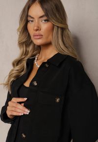 Renee - Czarna Bawełniana Jeansowa Kurtka z Guzikami Avieria. Okazja: do pracy. Kolor: czarny. Materiał: bawełna, jeans. Długość rękawa: długi rękaw. Długość: długie. Styl: wizytowy, elegancki #3
