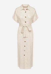 Born2be - Beżowa Koszulowa Sukienka z Lnem Wiskozą i Paskiem Lenaviel. Okazja: na co dzień. Kolor: beżowy. Materiał: len, wiskoza. Typ sukienki: koszulowe. Styl: klasyczny, casual #5