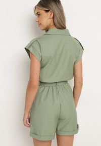 Born2be - Ciemnobeżowy Kombinezon bez Rękawów Zapinany na Guziki z Materiałowym Paskiem Tiamarlia. Okazja: na co dzień. Kolor: beżowy. Materiał: materiał. Długość rękawa: bez rękawów. Styl: casual, klasyczny #2