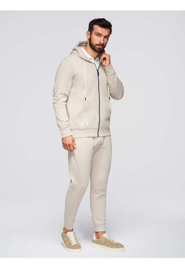 Ombre Clothing - Komplet dresowy męski set bluza rozpinana z kapturem + spodnie joggery - beżowy V1 - Rozmiar: M. Okazja: na spacer, na co dzień. Typ kołnierza: kaptur. Kolor: beżowy. Materiał: dresówka. Wzór: aplikacja. Styl: casual