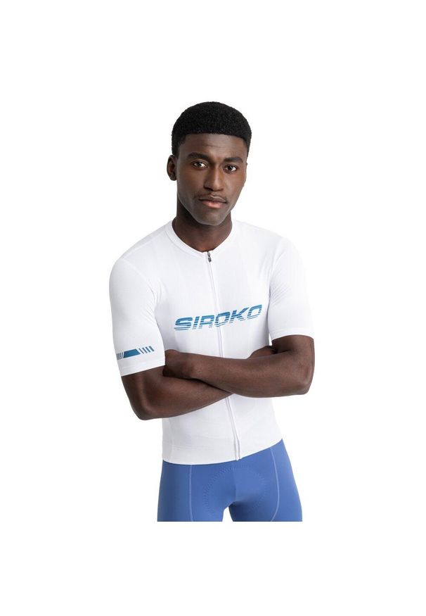 SIROKO - Męska koszulka rowerowa z tkaniny siatkowej z krótkim rękawem Kolarstwo Sirok. Kolor: biały. Materiał: tkanina. Długość rękawa: krótki rękaw. Długość: krótkie. Sezon: lato. Sport: kolarstwo