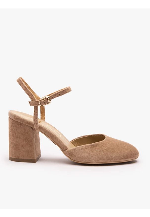 Ryłko - Jasnobrązowe czółenka na słupku. Okazja: na co dzień. Nosek buta: okrągły. Zapięcie: pasek. Kolor: brązowy. Materiał: skóra, welur. Obcas: na słupku. Styl: casual, street, elegancki. Wysokość obcasa: średni