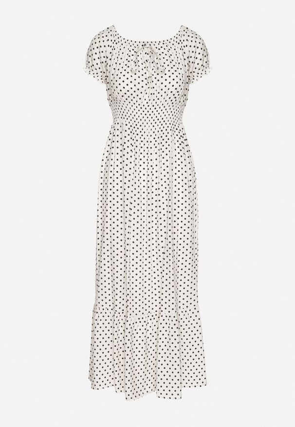 Born2be - Biała Sukienka z Bawełną w Kropki Ellisla. Okazja: na co dzień. Kolor: biały. Materiał: bawełna. Wzór: kropki. Styl: elegancki, casual