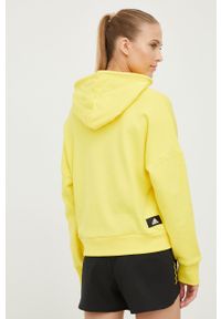 adidas Performance bluza bawełniana damska kolor żółty z kapturem z nadrukiem. Typ kołnierza: kaptur. Kolor: żółty. Materiał: bawełna. Wzór: nadruk #2