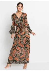 Długa sukienka szyfonowa z rękawami z falbanami bonprix zielono-pomarańczowy "paisley". Kolor: zielony. Materiał: szyfon. Wzór: paisley. Długość: maxi #2