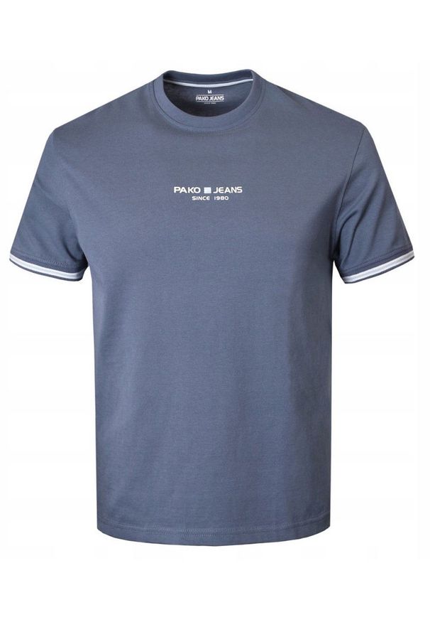 Klasyczny T-Shirt z Logo - Pako Jeans - Stalowo-Niebieski. Okazja: na co dzień. Kolor: niebieski. Materiał: bawełna. Wzór: nadruk. Styl: klasyczny