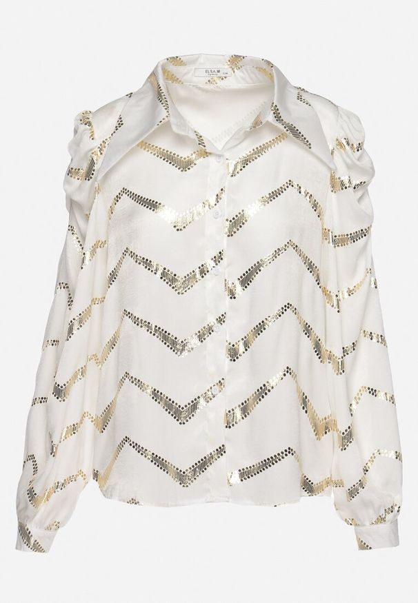 Born2be - Biała Koszula z Bufiastymi Rękawami z Metalicznym Nadrukiem Arcisa. Kolor: biały. Wzór: nadruk