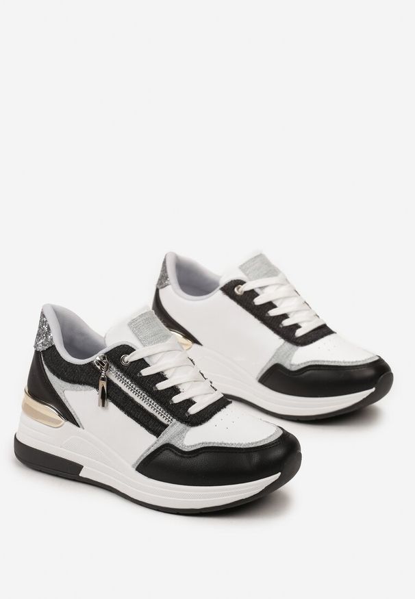 Born2be - Czarno-Białe Sneakersy na Niskim Koturnie z Ozdobnym Suwakiem i Metaliczną Wstawką Lorealissa. Kolor: czarny. Obcas: na koturnie