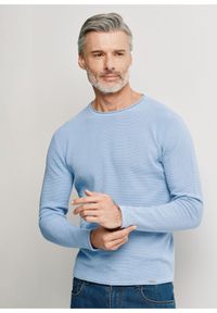 Ochnik - Niebieski sweter męski basic. Okazja: na co dzień. Kolor: niebieski. Materiał: bawełna. Długość: długie. Wzór: ze splotem. Styl: casual #1