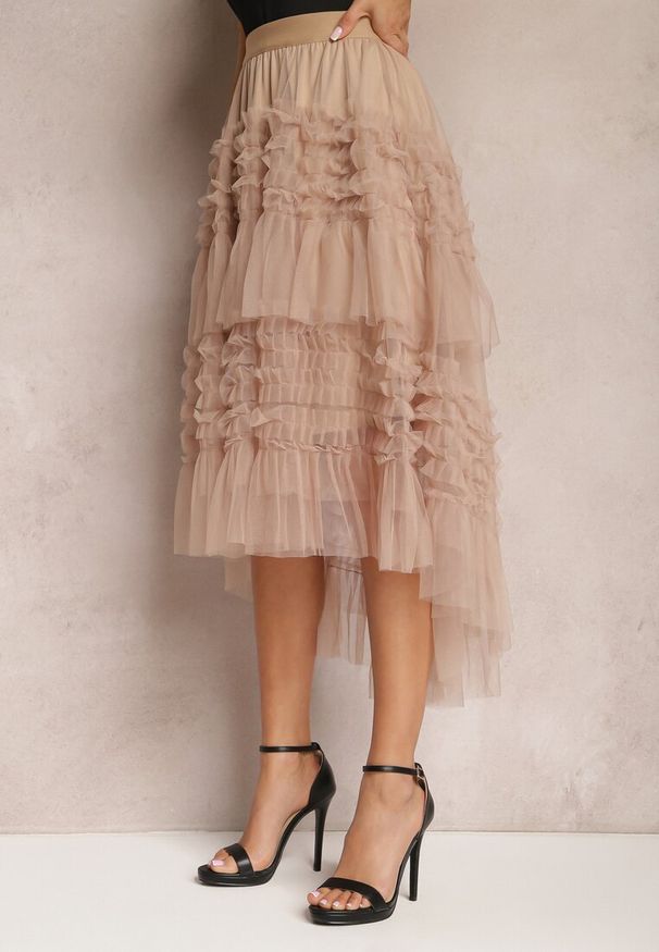 Renee - Ciemnobeżowa Tiulowa Spódnica Rozkloszowana Agandya. Kolor: beżowy. Materiał: tiul