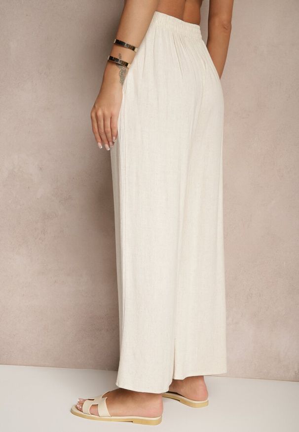 Renee - Beżowe Szerokie Spodnie z Lnem High Waist Sanitria. Okazja: na co dzień. Stan: podwyższony. Kolor: beżowy. Materiał: len. Styl: casual, elegancki