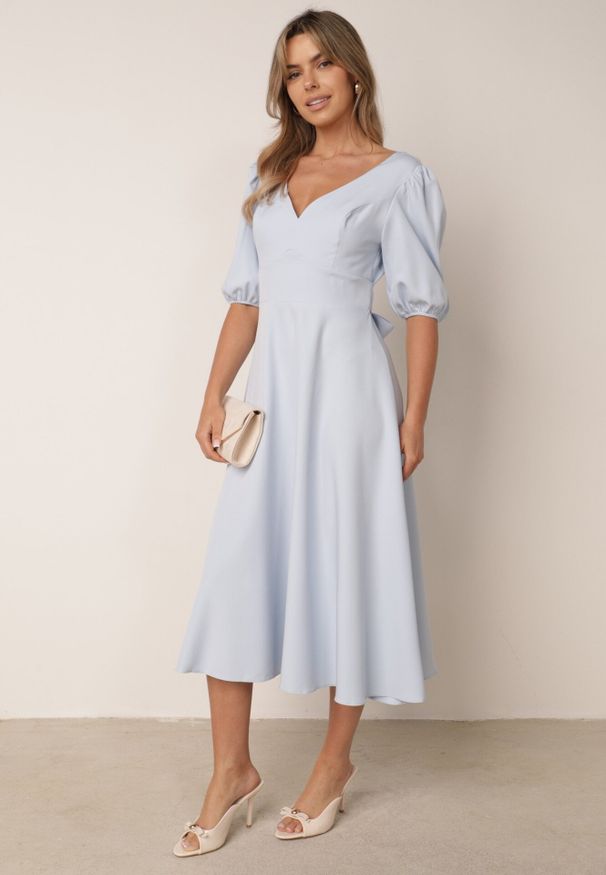 Born2be - Niebieska Elegancka Sukienka z Bufiastymi Rękawami i Wiązaniem na Plecach Zeepy. Kolor: niebieski. Wzór: gładki. Styl: elegancki