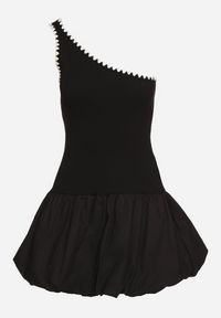 Born2be - Czarna Asymetryczna Sukienka o Kroju Bombki z Kontrastującą Lamówką Amoiane. Okazja: na co dzień. Kolor: czarny. Materiał: poliester. Typ sukienki: bombki, asymetryczne. Styl: elegancki, casual #4