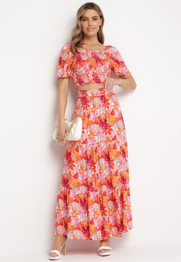 Born2be - Pomarańczowy Komplet z Topem i Spódnicą Maxi w Roślinny Wzór Savanasa. Kolor: pomarańczowy. Wzór: kwiaty