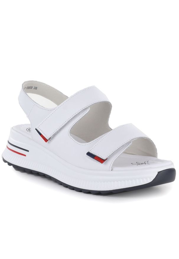 Sandały damskie na koturnie na rzep białe eVento 9999. Zapięcie: rzepy. Kolor: biały. Materiał: skóra ekologiczna. Sezon: lato. Obcas: na koturnie