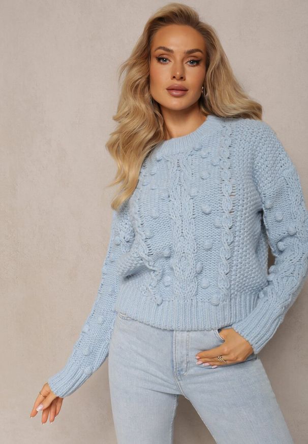 Renee - Niebieski Grubo Pleciony Sweter z Wełną i Bawełną Bavime. Okazja: na co dzień. Kolor: niebieski. Materiał: wełna, bawełna. Sezon: zima. Styl: elegancki, casual