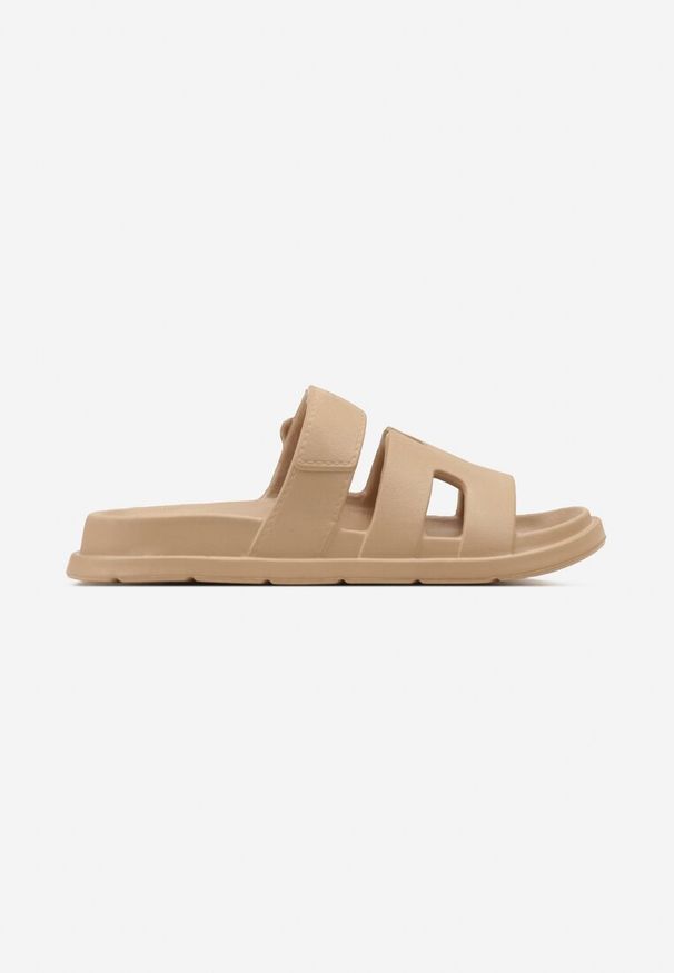 Renee - Ciemnobeżowe Basenowe Klapki Piankowe z Wycięciami na Pasku Wrenlita. Kolor: beżowy