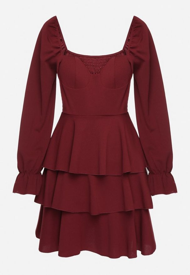 Born2be - Bordowa Rozkloszowana Sukienka z Falbankami i Bufiastymi Rękawami Semithara. Okazja: na co dzień. Typ kołnierza: kołnierz z falbankami. Kolor: czerwony. Wzór: aplikacja. Styl: casual, elegancki, klasyczny