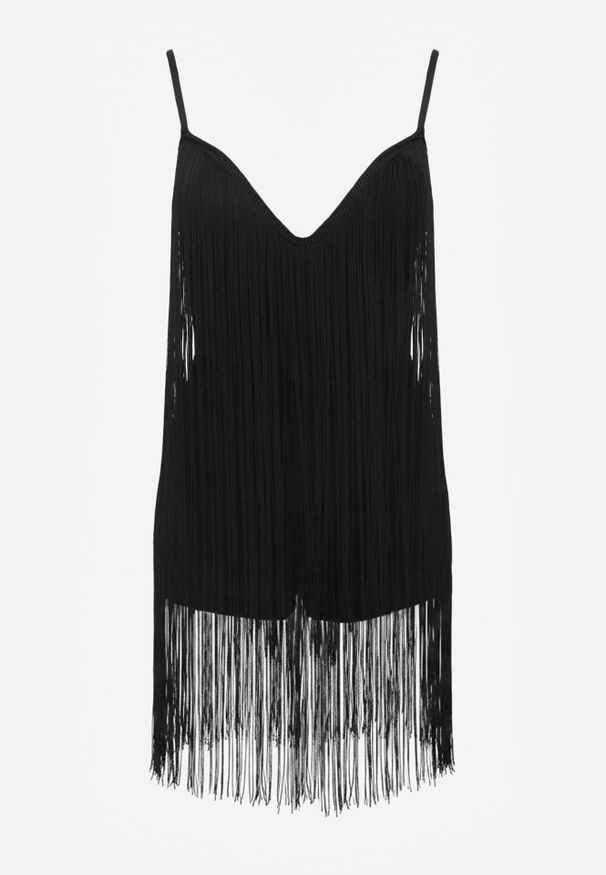 Born2be - Czarny Krótki Kombinezon z Długimi Frędzlami i Regulowanymi Ramiączkami Odenthe. Kolor: czarny. Długość rękawa: na ramiączkach. Długość: krótkie. Wzór: aplikacja