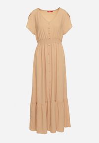 Born2be - Ciemnobeżowa Sukienka z Cienkimi Gumkami w Pasie Ozdobiona Guzikami z Rozcięciem i Falbanką Farcia. Okazja: na co dzień. Kolor: beżowy. Długość rękawa: krótki rękaw. Wzór: aplikacja. Typ sukienki: proste. Styl: casual, elegancki #6