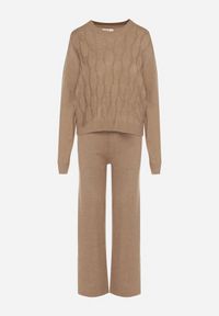 Born2be - Ciemnobeżowy Komplet z Wełną i Bawełną Sweter ze Splotem i Szerokie Spodnie Reinettia. Kolor: beżowy. Materiał: wełna, bawełna. Wzór: ze splotem #3