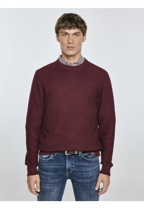 Big-Star - Sweter męski bawełniany bordowy Carlo 604. Okazja: na co dzień. Kolor: czerwony. Materiał: bawełna. Wzór: ze splotem. Styl: klasyczny, elegancki, casual