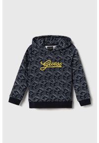 Guess bluza bawełniana dziecięca kolor granatowy z kapturem wzorzysta. Typ kołnierza: kaptur. Kolor: niebieski. Materiał: bawełna. Wzór: aplikacja #1