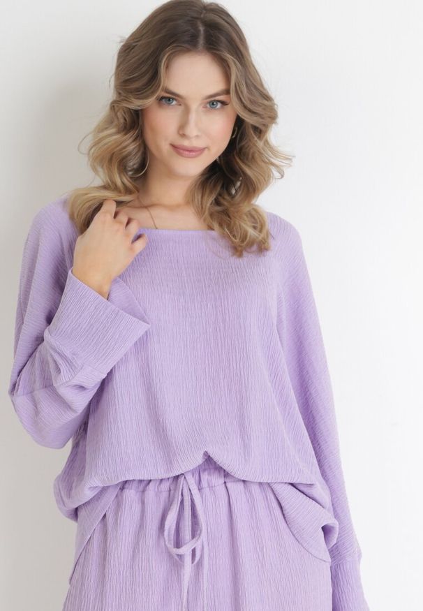 Born2be - Fioletowa Bluzka z Szerokim Rękawem 7/8 Paulet. Kolor: fioletowy. Styl: elegancki