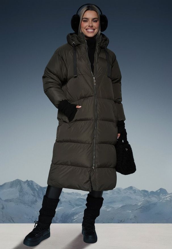 Born2be - Zielona Długa Kurtka Pikowana Płaszcz na Zamek z Kapturem Lesea. Okazja: na co dzień. Typ kołnierza: kaptur. Kolor: zielony. Materiał: jeans, dzianina. Długość: długie. Styl: elegancki, casual