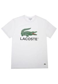 Koszulka Lacoste TH1285-001 - biała. Kolor: biały. Materiał: bawełna, materiał. Długość rękawa: krótki rękaw. Długość: krótkie. Wzór: aplikacja