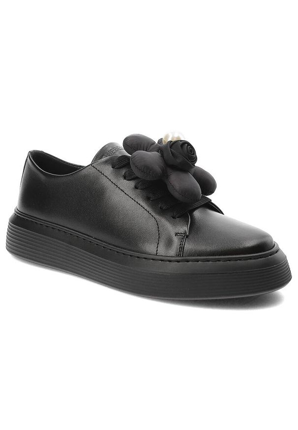 CheBello - Czarne Eleganckie Sneakersy Chebello Z Ozdobnym Kwiatem. Okazja: na co dzień. Kolor: czarny. Materiał: materiał, skóra. Wzór: kwiaty