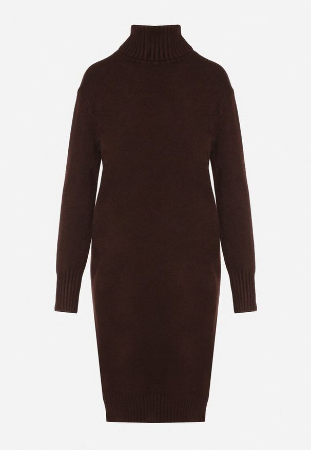 Born2be - Brązowa Dzianinowa Sukienka z Bawełną o Prostym Kroju z Golfem Tesala. Okazja: na spotkanie biznesowe, do pracy. Typ kołnierza: golf. Kolor: brązowy. Materiał: dzianina, bawełna. Wzór: jednolity. Typ sukienki: proste. Styl: biznesowy, klasyczny