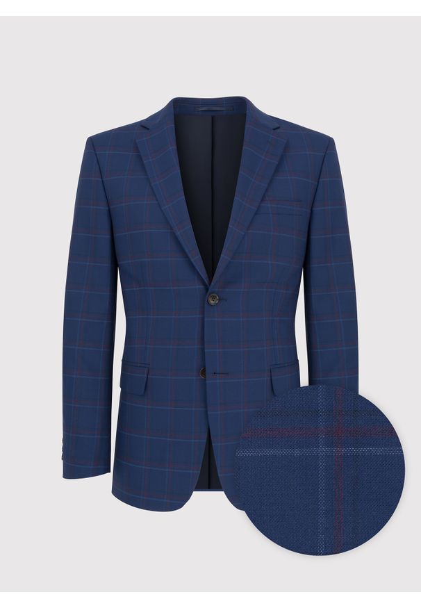 Pako Lorente - PAKO LORENTE – Granatowa marynarka garniturowa w czerwono-niebieską kratkę. Okazja: na ślub cywilny, na wesele, na komunię. Kolor: wielokolorowy, niebieski, czerwony. Materiał: wełna, lycra, poliester. Wzór: kratka