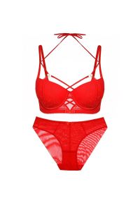 Intica - Komplet bielizny z haftem i regulowanymi paskami Volkea. Kolor: czerwony. Materiał: materiał. Wzór: haft