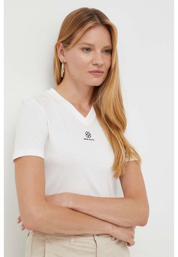 Miss Sixty t-shirt z domieszką jedwabiu kolor biały. Kolor: biały. Materiał: jedwab. Długość rękawa: krótki rękaw. Długość: krótkie