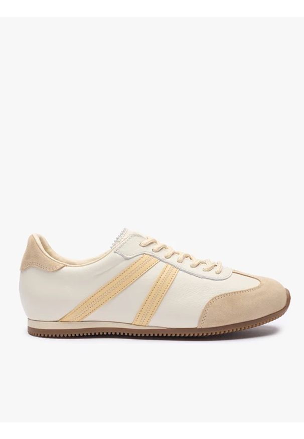 Ryłko - Beżowe sneakersy ze skóry licowej i welurowej. Okazja: na co dzień. Nosek buta: okrągły. Zapięcie: sznurówki. Kolor: beżowy. Materiał: skóra. Styl: street, klasyczny, sportowy, casual, retro