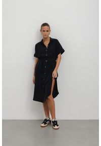 SUKIENKA SILVIA CUPRO CZARNA S - Flawless. Okazja: na co dzień, na spotkanie biznesowe. Typ kołnierza: dekolt w serek. Kolor: czarny. Materiał: jedwab, tkanina, skóra. Wzór: gładki. Typ sukienki: proste. Styl: biznesowy, elegancki, casual