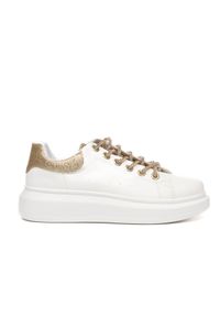 Inna - Sneakersy na platformie brokatowe z ozdobami białe złote 857-28-39. Kolor: biały, wielokolorowy, złoty. Materiał: skóra ekologiczna. Wzór: aplikacja. Obcas: na platformie