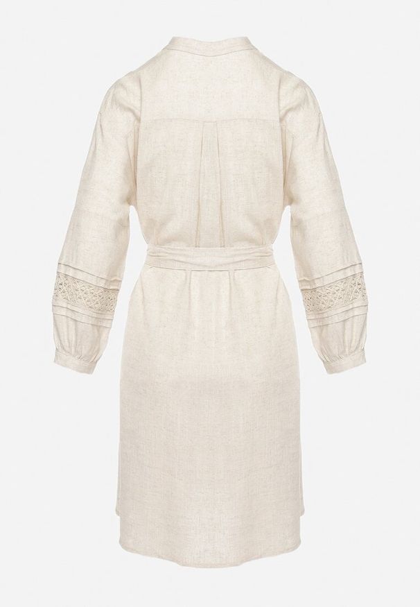 Born2be - Beżowa Sukienka Koszulowa Zapinana na Guziki z Paskiem w Talii i Ozdobnym Rękawem Rigaudona. Okazja: na spotkanie biznesowe. Kolor: beżowy. Typ sukienki: koszulowe. Styl: elegancki, biznesowy, klasyczny