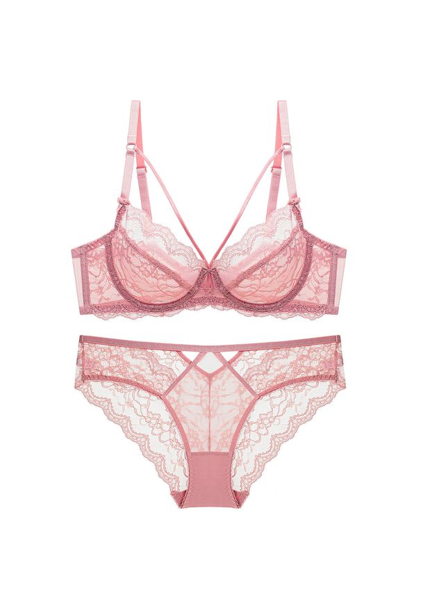 Intica - Koronkowy komplet bielizny z regulacją ramiączek na romantyczne wieczory Ermina. Kolor: różowy. Materiał: koronka. Wzór: koronka