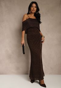 Renee - Brązowa Sukienka o Asymetrycznym Kroju Ozdobiona Falbaną Owedia. Kolor: brązowy. Materiał: poliester. Wzór: aplikacja. Typ sukienki: asymetryczne. Styl: elegancki #2