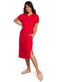 MOE - Sukienka w Klimacie Safari - Czerwona. Kolor: czerwony. Materiał: bawełna, elastan