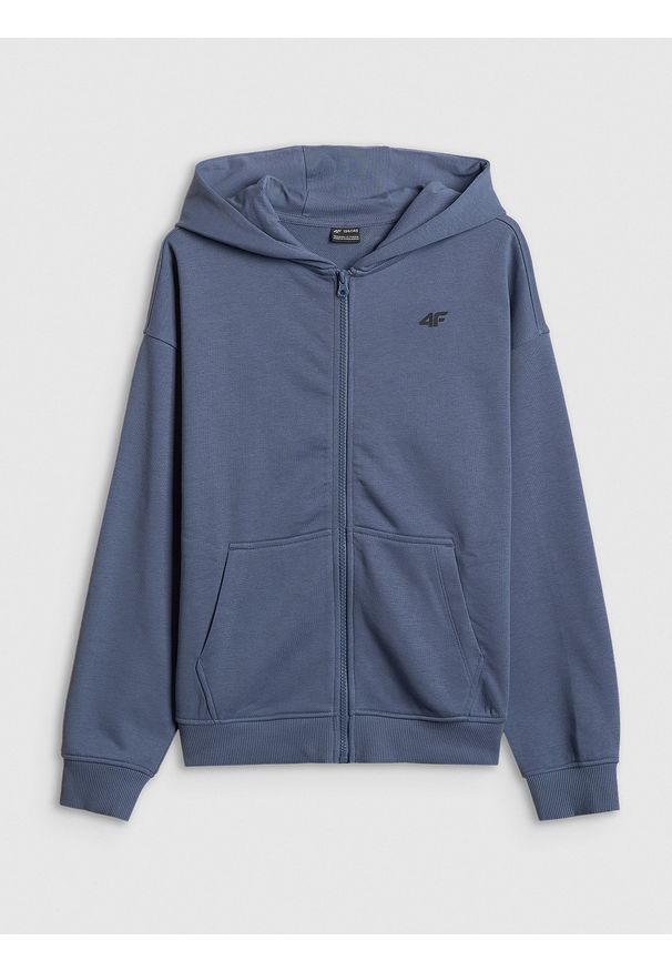 4f - 4F Bluza dresowa loose z kapturem chłopięca - niebieska 122/128 (6-8 lat). Okazja: na spacer, na co dzień, na uczelnię. Typ kołnierza: kaptur. Kolor: niebieski. Materiał: dresówka. Sezon: lato. Styl: casual