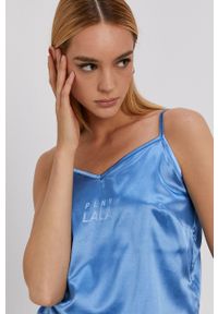 PLNY LALA - Top piżamowy. Kolor: niebieski. Materiał: satyna, materiał. Wzór: ze splotem #4