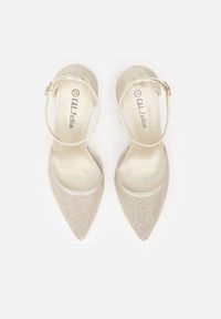 Renee - Złote Czółenka na Słupku z Cyrkoniami i Brokatem Myriani. Zapięcie: sprzączka. Kolor: złoty. Materiał: jeans. Obcas: na słupku. Styl: elegancki #3