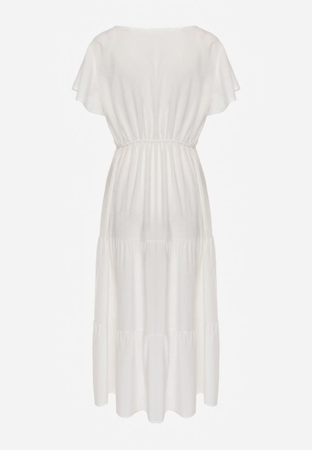 Renee - Biała Sukienka z Wiskozy o Rozkloszowanym Kroju z Falbanami Jonmy. Okazja: na co dzień. Typ kołnierza: dekolt w serek. Kolor: biały. Wzór: aplikacja, gładki. Typ sukienki: proste. Materiał: wiskoza. Długość rękawa: krótki rękaw. Sezon: lato. Styl: elegancki, casual. Długość: midi