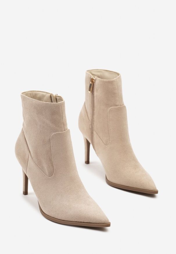 Born2be - Ciemnobeżowe Eleganckie Botki Vices na Obcasie Typu Szpilka Mesista. Okazja: na co dzień. Kolor: beżowy. Materiał: jeans. Obcas: na obcasie. Styl: elegancki. Wysokość obcasa: średni