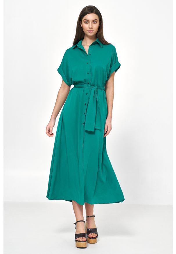 Nife - Koszulowa Sukienka z Krótkim Rękawem - Zielona. Kolor: zielony. Materiał: wiskoza. Długość rękawa: krótki rękaw. Typ sukienki: koszulowe