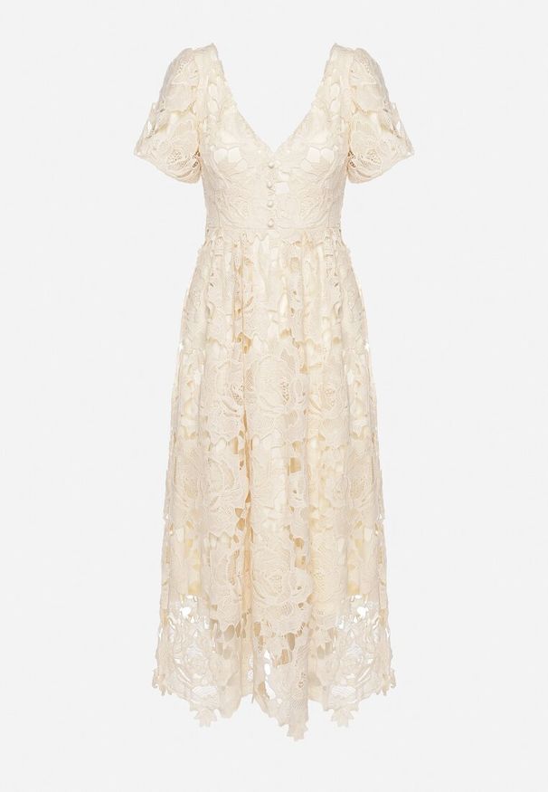 Born2be - Jasnobeżowa Sukienka Koronkowa z Krótkim Bufiastym Rękawem Ulessa. Okazja: na imprezę. Kolor: beżowy. Materiał: koronka