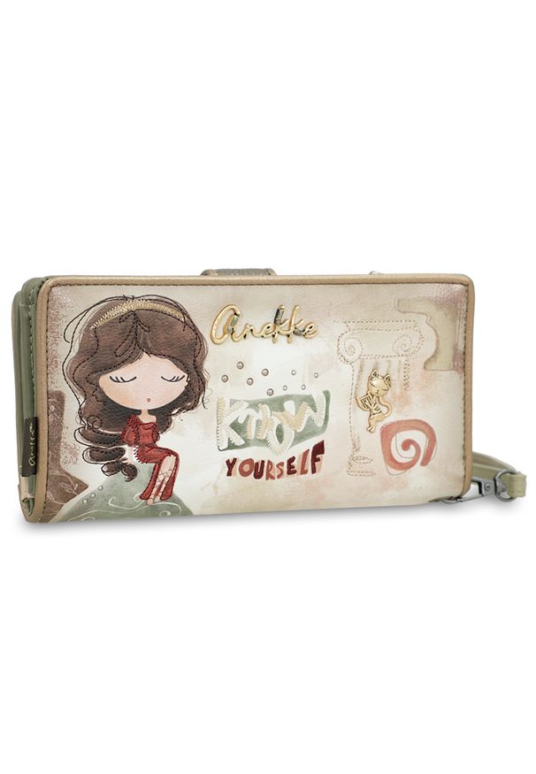 Beżowy Duży Damski Portfel Anekke Muse. Kolor: beżowy. Wzór: aplikacja